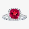 Fine Jewelry Womens Gemstone Sterling Silver Halo Cushion Cocktail Ring In Red