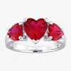 Fine Jewelry Womens Gemstone Sterling Silver Heart 3-stone Cocktail Ring In Red