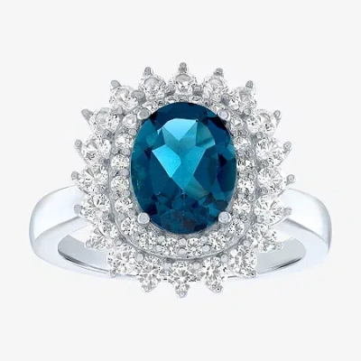 Fine Jewelry Womens Gemstone Sterling Silver Oval Halo Cocktail Ring In Blue