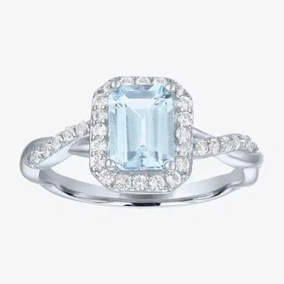 Fine Jewelry Womens Genuine Blue Aquamarine Sterling Silver Halo Side Stone Cocktail Ring In Transparent