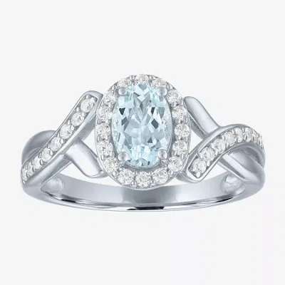 Fine Jewelry Womens Genuine Blue Aquamarine Sterling Silver Oval Halo Side Stone Cocktail Ring In Transparent