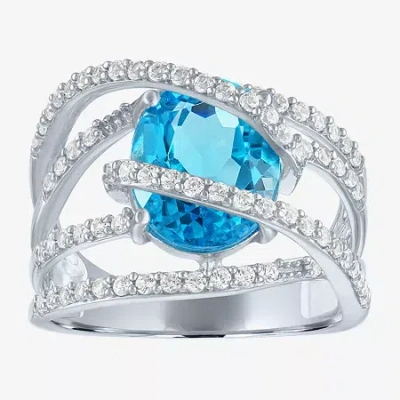 Fine Jewelry Womens Genuine Blue Topaz & Lab-created White Sapphires Sterling Silver Cocktail Ring