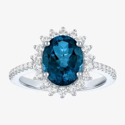 Fine Jewelry Womens Genuine Blue Topaz Sterling Silver Oval Halo Side Stone Cocktail Ring