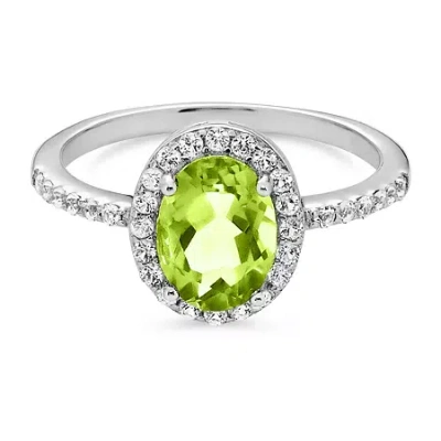 Fine Jewelry Womens Genuine Green Peridot Sterling Silver Oval Halo Cocktail Ring