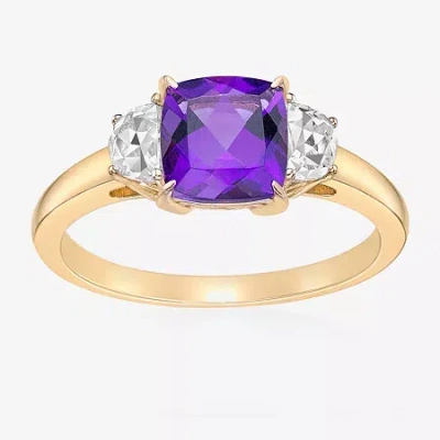 Fine Jewelry Womens Genuine Purple Amethyst 18k Gold Over Silver Cushion 3-stone Cocktail Ring