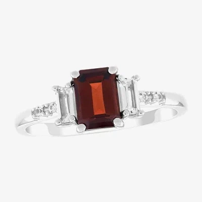Fine Jewelry Womens Genuine Red Garnet Sterling Silver Side Stone Cocktail Ring