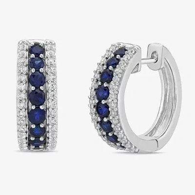 Fine Jewelry Womens Lab Created Blue Sapphire Sterling Silver 19.5mm Hoop Earrings In Transparent