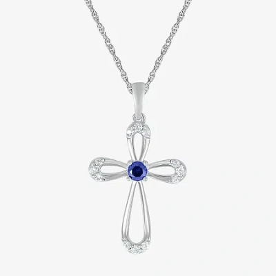 Fine Jewelry Womens Lab Created Blue Sapphire Sterling Silver Cross 18 Inch Pendant Necklace In Transparent