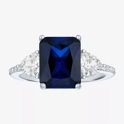 Fine Jewelry Womens Lab Created Blue Sapphire Sterling Silver Side Stone Cocktail Ring In Transparent