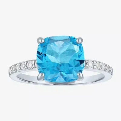 Fine Jewelry Womens Lab Created Gemstone Sterling Silver Side Stone Solitaire Cushion Cocktail Ring In Blue