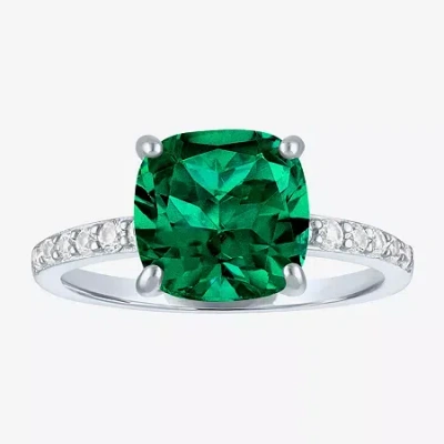 Fine Jewelry Womens Lab Created Gemstone Sterling Silver Side Stone Solitaire Cushion Cocktail Ring In Green