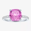 Fine Jewelry Womens Lab Created Gemstone Sterling Silver Side Stone Solitaire Cushion Cocktail Ring In Pink