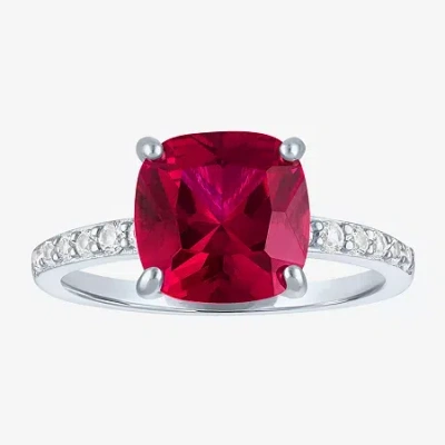 Fine Jewelry Womens Lab Created Gemstone Sterling Silver Side Stone Solitaire Cushion Cocktail Ring In Red