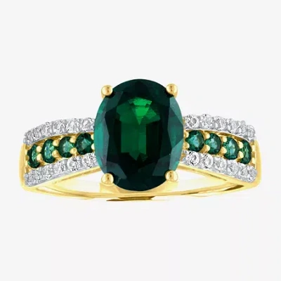 Fine Jewelry Womens Lab Created Green Emerald 10k Gold Cocktail Ring