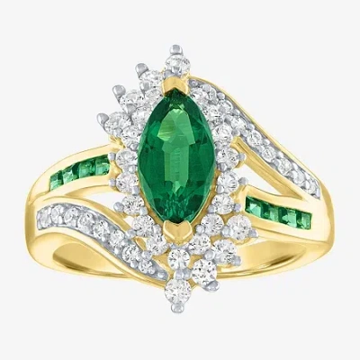 Fine Jewelry Womens Lab Created Green Emerald 14k Gold Over Silver Cocktail Ring