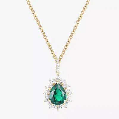 Fine Jewelry Womens Lab Created Green Emerald 14k Gold Over Silver Sterling Silver Pear 18 Inch Pendant Necklace In Transparent