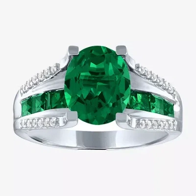 Fine Jewelry Womens Lab Created Green Emerald Sterling Silver Cocktail Ring