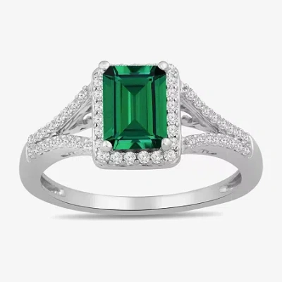 Fine Jewelry Womens Lab Created Green Emerald Sterling Silver Halo Side Stone Cocktail Ring