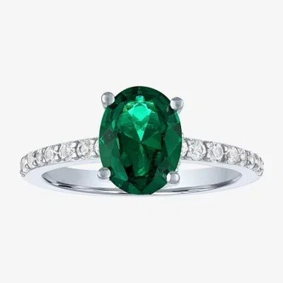 Fine Jewelry Womens Lab Created Green Emerald Sterling Silver Oval Side Stone Cocktail Ring In Transparent