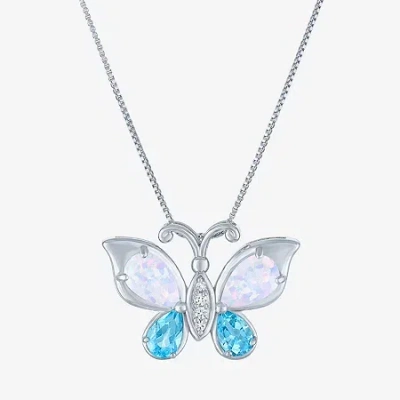 Fine Jewelry Womens Lab-created Opal And Genuine Blue Topaz Sterling Silver Butterfly Pendant Necklace In Transparent