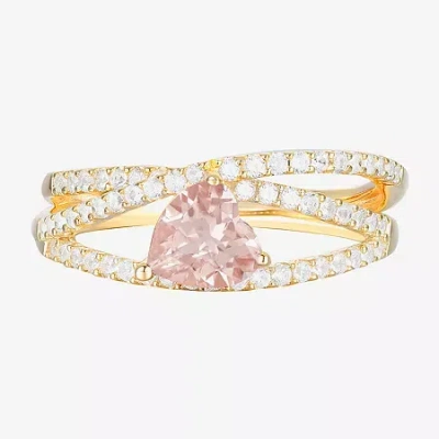Fine Jewelry Womens Lab Created Pink Sapphire 14k Gold Over Silver Heart Crossover Side Stone Cocktail Ring In Transparent