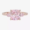 Fine Jewelry Womens Lab Created Pink Sapphire 14k Rose Gold Over Silver Cushion 3-stone Side Stone Cocktail Ring In Transparent