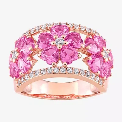 Fine Jewelry Womens Lab Created Pink Sapphire 18k Rose Gold Over Silver Heart Cocktail Ring In Transparent