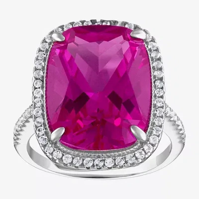 Fine Jewelry Womens Lab Created Pink Sapphire Sterling Silver Cushion Halo Cocktail Ring In Transparent