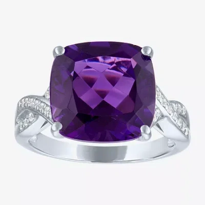 Fine Jewelry Womens Lab Created Purple Amethyst Sterling Silver Cushion Halo Cocktail Ring In Transparent