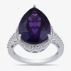 Fine Jewelry Womens Lab Created Purple Amethyst Sterling Silver Pear Halo Side Stone Cocktail Ring In Purple
