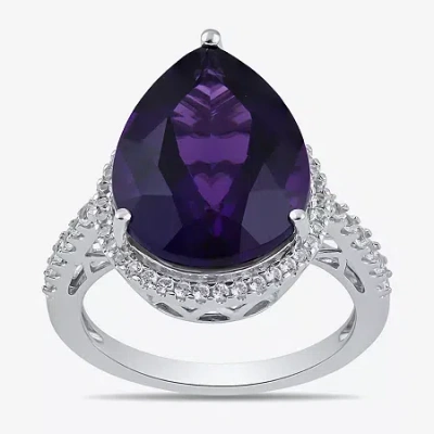 Fine Jewelry Womens Lab Created Purple Amethyst Sterling Silver Pear Halo Side Stone Cocktail Ring