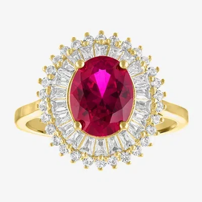 Fine Jewelry Womens Lab Created Red Ruby 14k Gold Over Silver Halo Side Stone Cocktail Ring