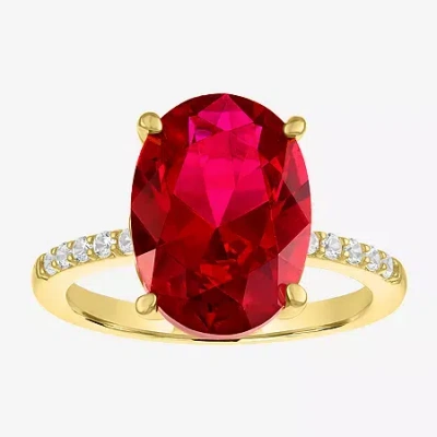 Fine Jewelry Womens Lab Created Red Ruby 14k Gold Over Silver Oval Side Stone Cocktail Ring