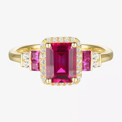 Fine Jewelry Womens Lab Created Red Ruby 14k Gold Over Silver Side Stone Cocktail Ring In Transparent