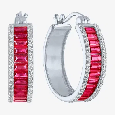 Fine Jewelry Womens Lab Created Red Ruby Sterling Silver 19mm Hoop Earrings In Transparent