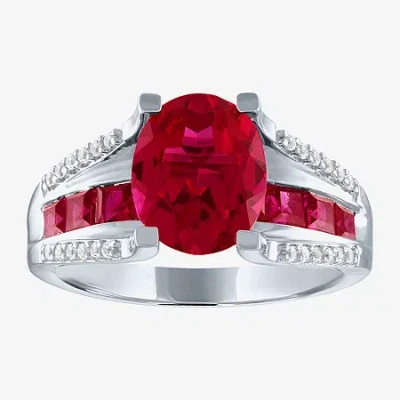 Fine Jewelry Womens Lab Created Red Ruby Sterling Silver Halo Cocktail Ring In Transparent