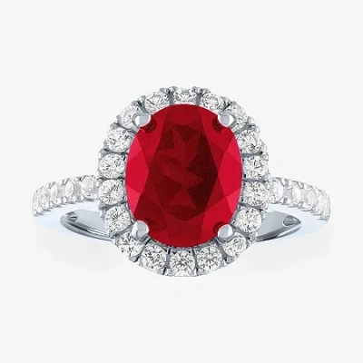 Fine Jewelry Womens Lab Created Red Ruby Sterling Silver Halo Cocktail Ring In Transparent