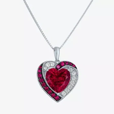 Fine Jewelry Womens Lab Created Red Ruby Sterling Silver Heart 18 Inch Pendant Necklace In Transparent
