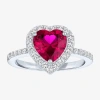 Fine Jewelry Womens Lab Created Red Ruby Sterling Silver Heart Halo Side Stone Cocktail Ring In Transparent