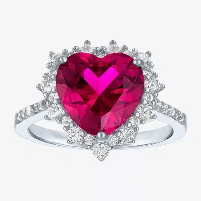 Fine Jewelry Womens Lab Created Red Ruby Sterling Silver Heart Halo Side Stone Cocktail Ring In Transparent