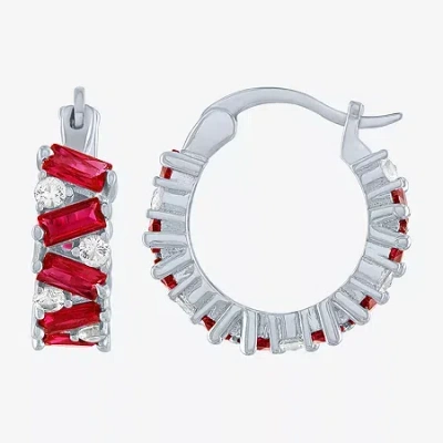 Fine Jewelry Womens Lab Created Red Ruby Sterling Silver Hoop Earrings In Transparent