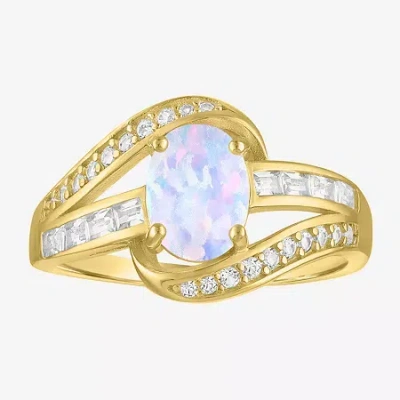 Fine Jewelry Womens Lab Created White Opal 14k Gold Over Silver Crossover Side Stone Cocktail Ring In Transparent
