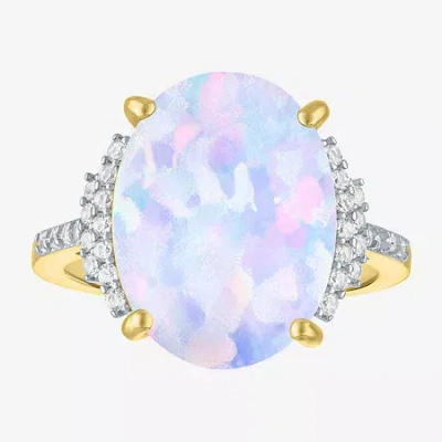 Fine Jewelry Womens Lab Created White Opal 14k Gold Over Silver Oval Side Stone Cocktail Ring