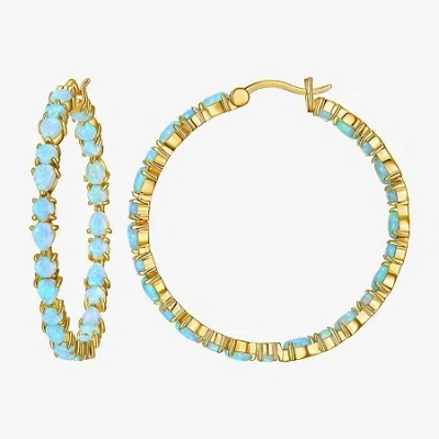 Fine Jewelry Womens Lab Created White Opal 18k Gold Over Silver 38.5mm Hoop Earrings