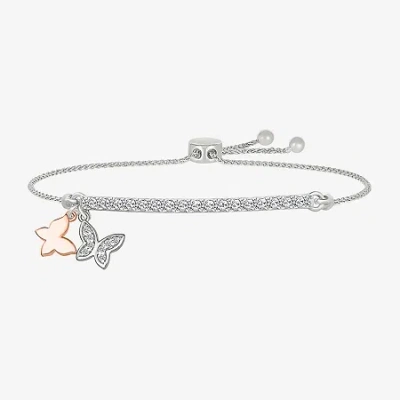 Fine Jewelry Womens Lab Created White Sapphire 10k Rose Gold Sterling Silver Butterfly Bolo Bracelet In Transparent