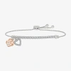 Fine Jewelry Womens Lab Created White Sapphire 10k Rose Gold Sterling Silver Flower Heart Bolo Bracelet In Transparent