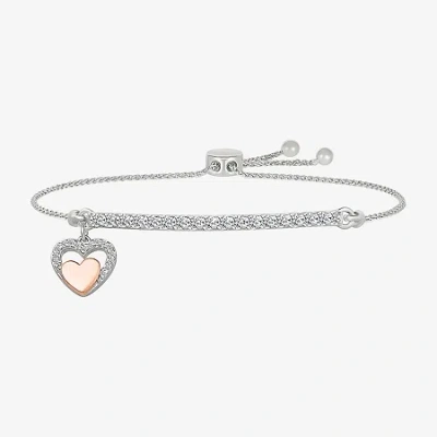 Fine Jewelry Womens Lab Created White Sapphire 10k Rose Gold Sterling Silver Heart Bolo Bracelet In Transparent