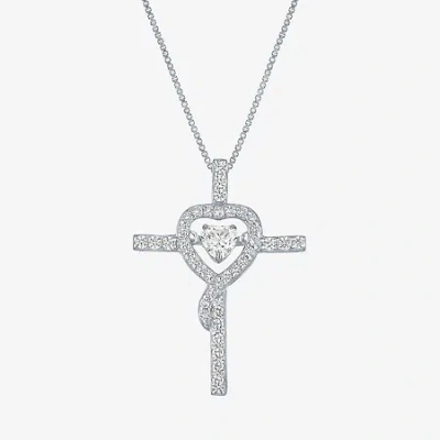 Fine Jewelry Womens Lab Created White Sapphire Sterling Silver Cross Heart 18 Inch Pendant Necklace In Transparent