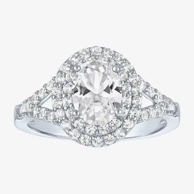 Fine Jewelry Womens Lab Created White Sapphire Sterling Silver Round Halo Cocktail Ring