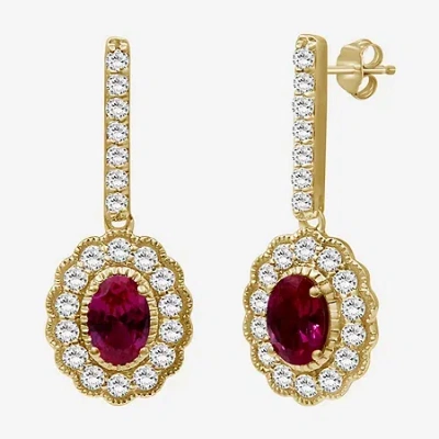 Fine Jewelry Womens Oval-cut Gemstone & 3/4 Ct. T.w. Lab-grown Diamond 10k Gold Drop Earrings In Red